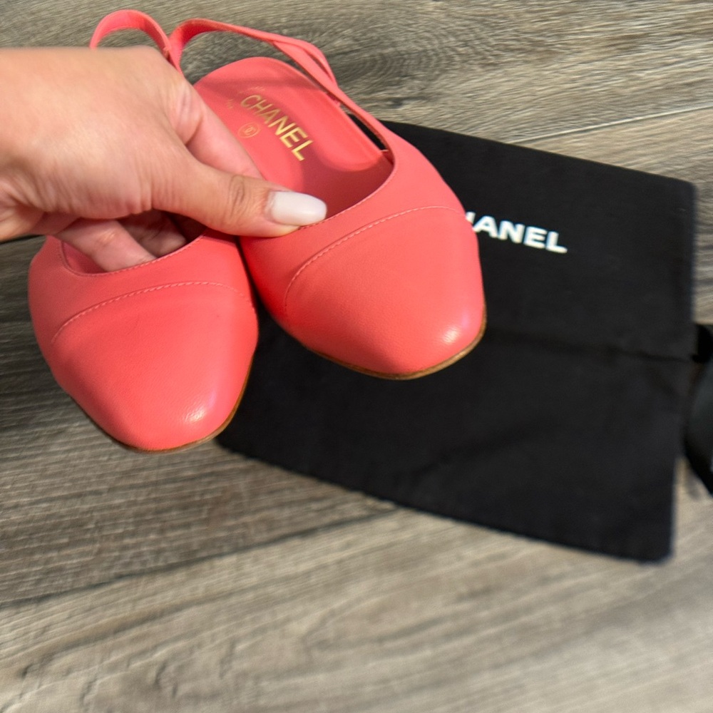 CHANEL Pink Leather Classic Slingback Heels - Size 37.5 C - Picture 5 of 10